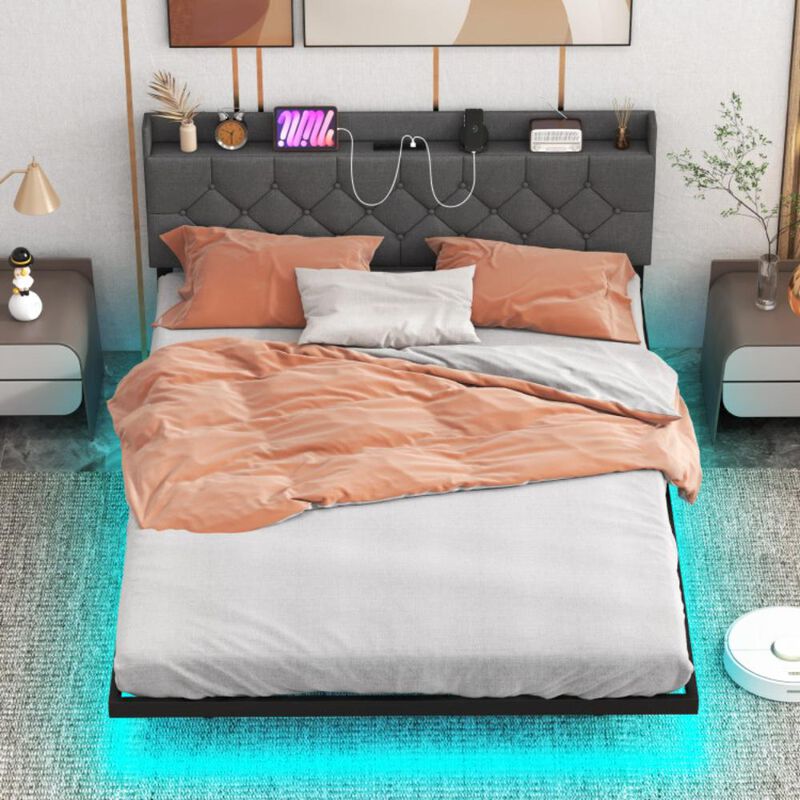 Hivvago Floating Bed Frame with LED and Headboard and Charging Station-Queen