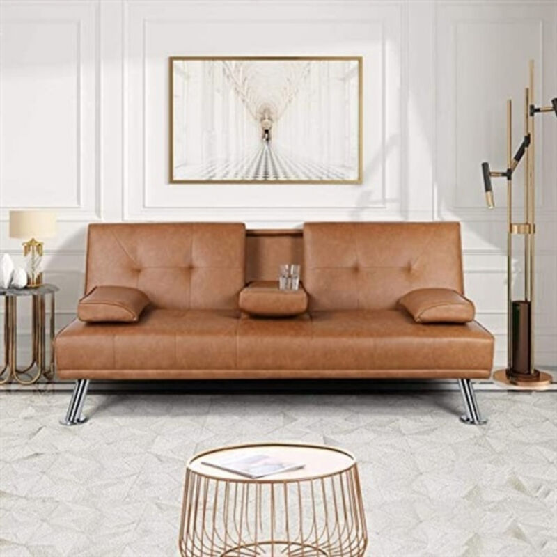 Modern Faux Leather Convertible Sofa Bed Futon with Cup Holders