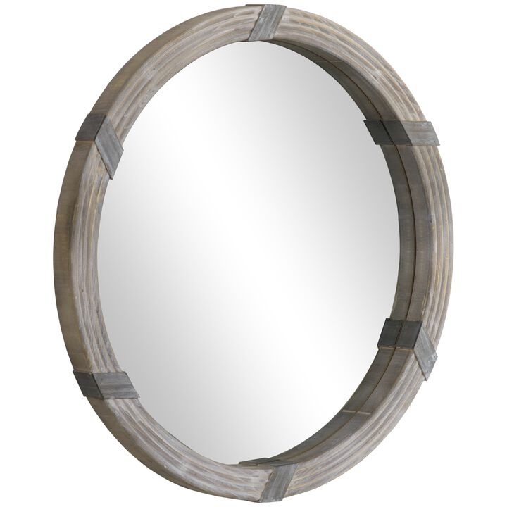 31" Wood Wall Mirror, Round Mirror for Wall in Living Room, Bedroom, Natural Wood Color