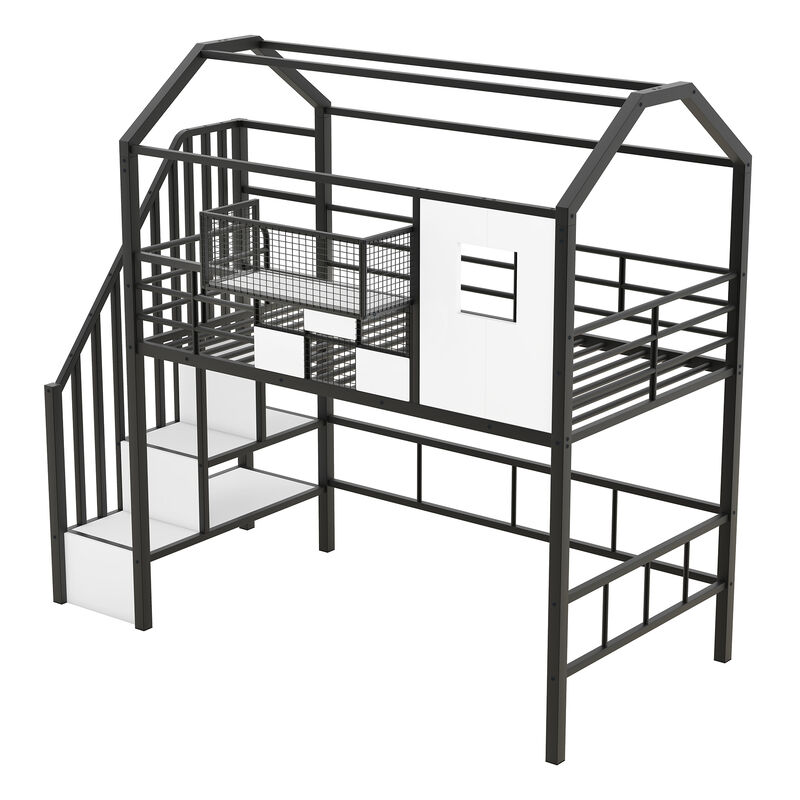 Whisen Twin Metal Loft Bed with roof design and a storage box- Black 