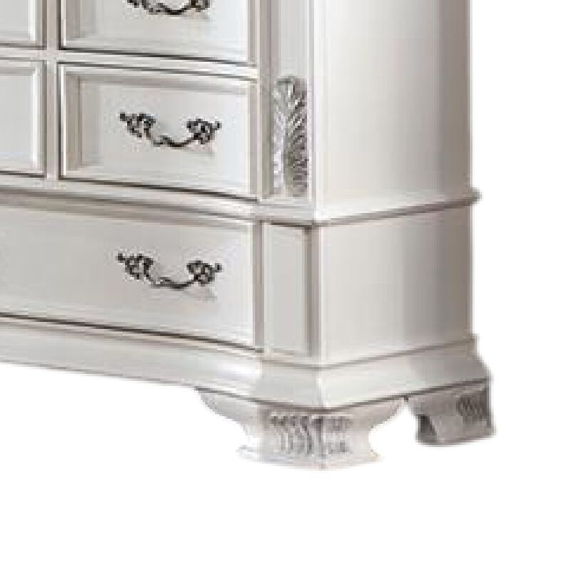 Prio Wide Dresser, 11 Drawers, Marble Top, Carved Pearl White Wood