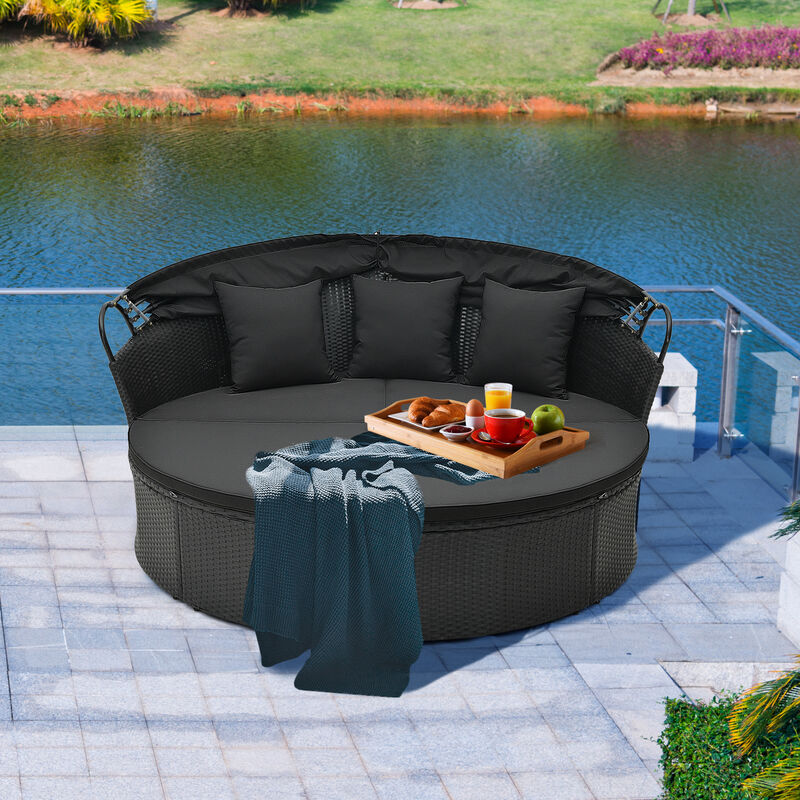 Clamshell Patio Round Daybed Wicker with Retractable Canopy and Pillows