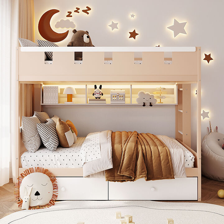 Merax Castle Style Loft Bed with LED Nightlight, Storage Shelves & Under-Bed Drawers