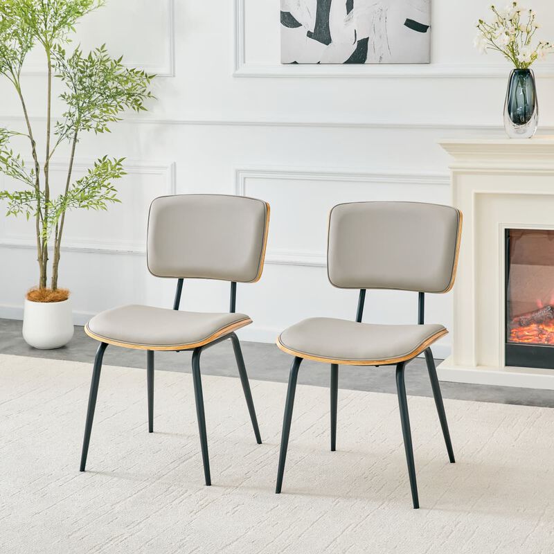 Set of 2 Dining Chairs Faux Leather Open Back Walnut Veneer Back Dining Chairs Metal Legs Leveling Feet image number 3