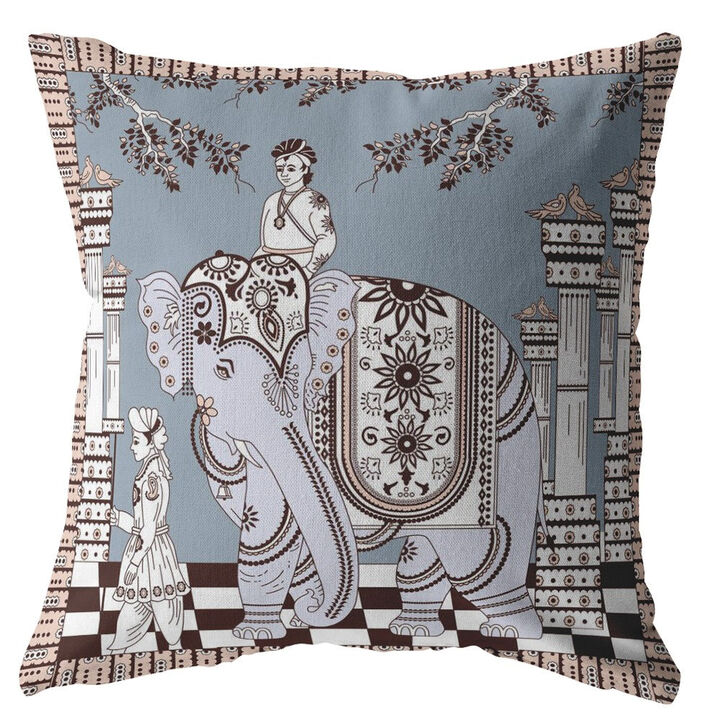 Homezia 18"Blue Brown Ornate Elephant Zippered Suede Throw Pillow