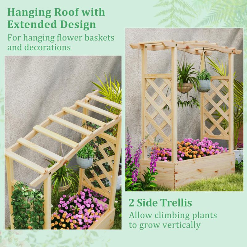 Hivvago Wooden Raised Garden Bed Planter Box with Trellis and Hanging Roof