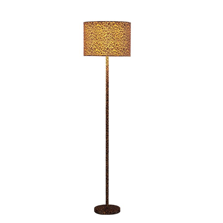 Fabric Wrapped Floor Lamp with Dotted Animal Print, Brown and Black-Benzara