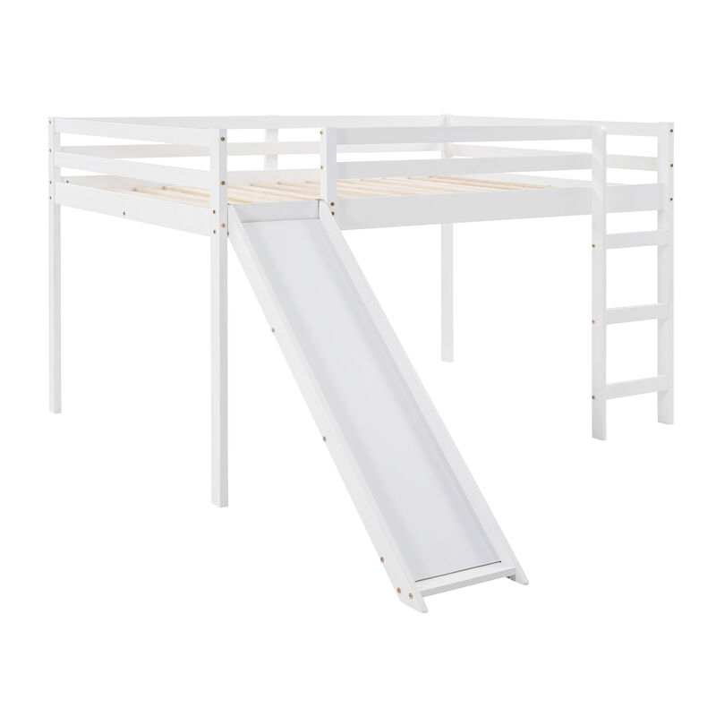 Whisen Full Loft Bed with Slide, Multifunctional Design- White