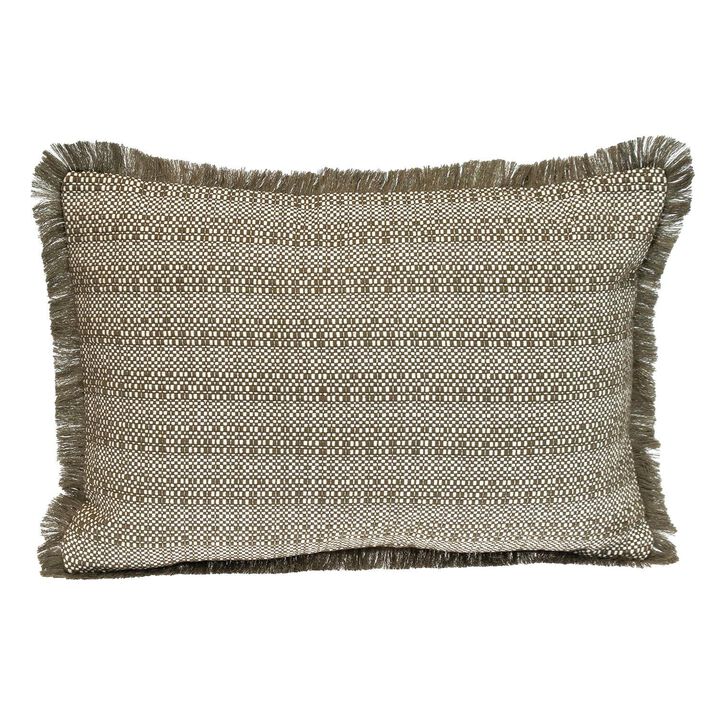 HomeRoots 14" X 20" Green and White Cotton Lumbar Throw Pillow with Fringe