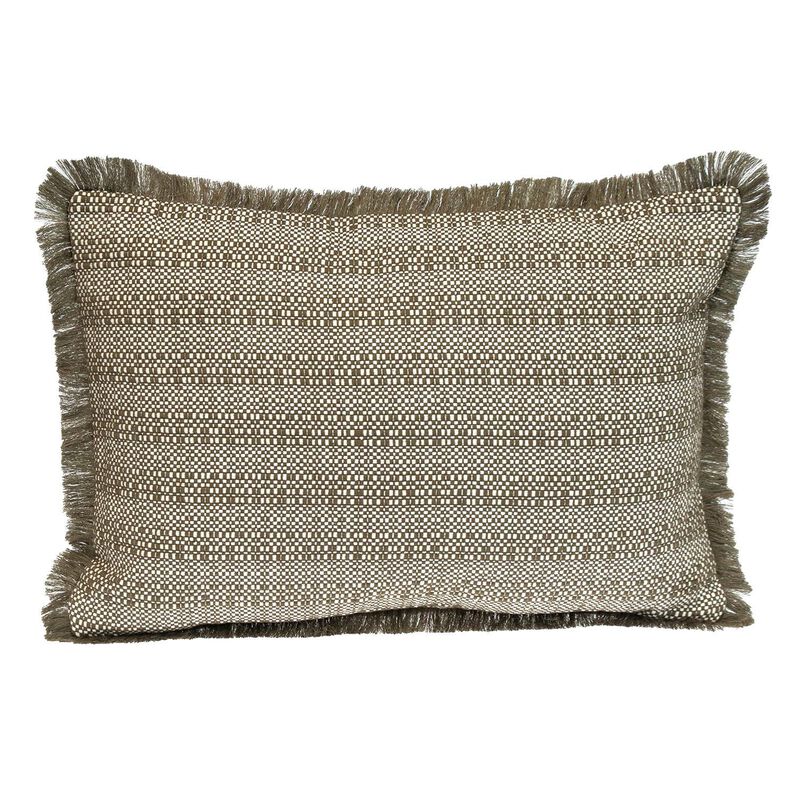 HomeRoots 14" X 20" Green and White Cotton Lumbar Throw Pillow with Fringe image number 0