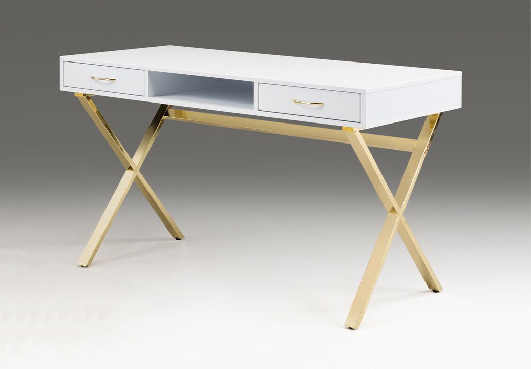 White top desk with two drawers/gold base