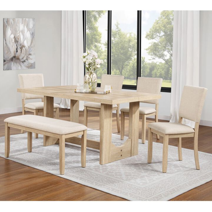 6 Piece Dining Table Set with Bench, rectangular dining table set with bench and 4 chairs, modern wooden dining table set for kitchen