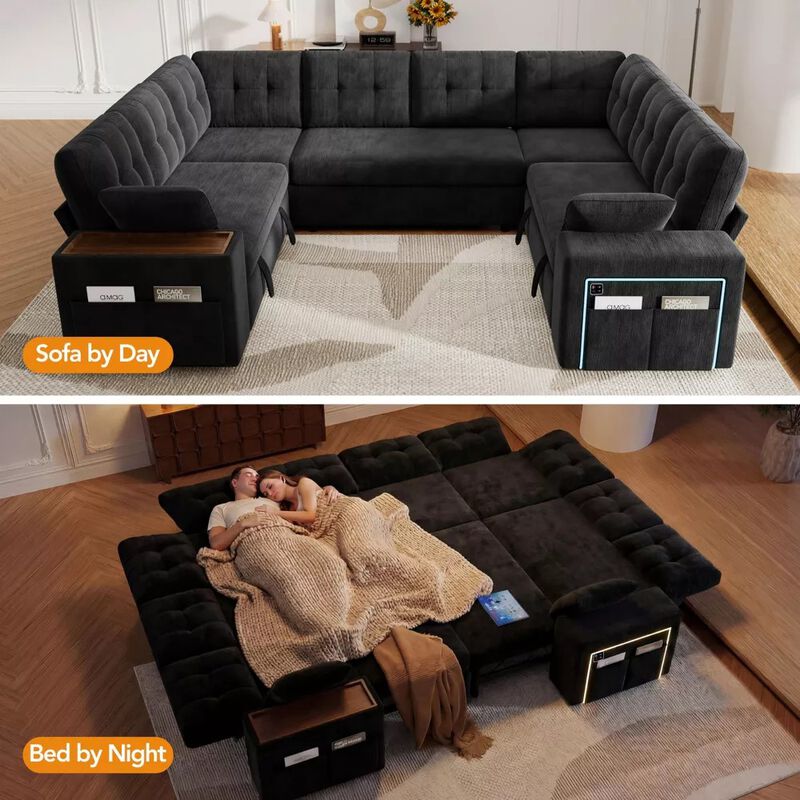 Vipbear 112" U-Shaped 8-Seat Modular Chenille Sectional Sleeper Sofa, Pull Out Bed Reclining Couch image number 6