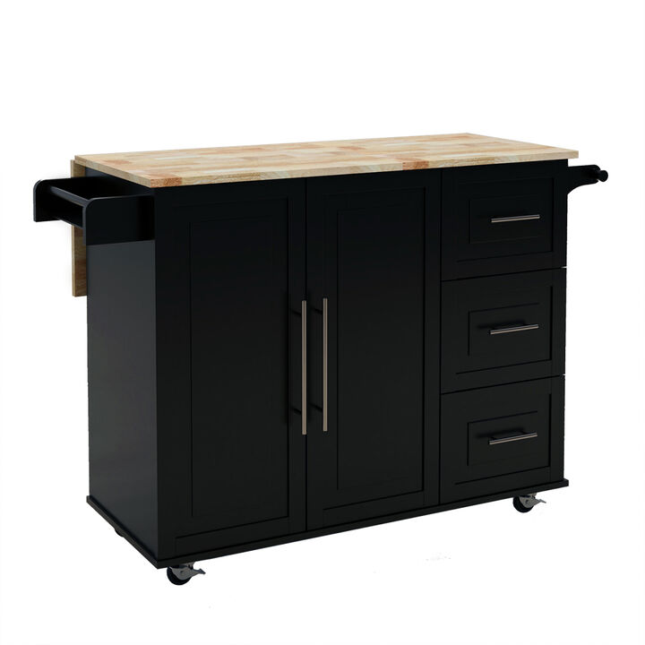 Kitchen Island with Spice Rack, Towel Rack and Extensible Solid Wood Tabletop-Black