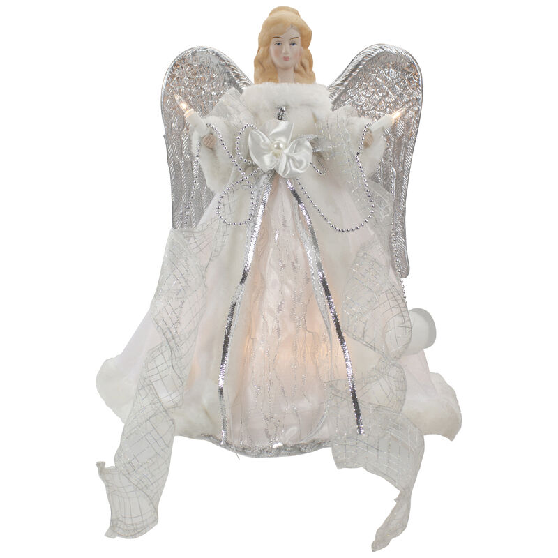 12" Lighted Silver and White Angel with Wings Christmas Tree Topper - Clear Lights