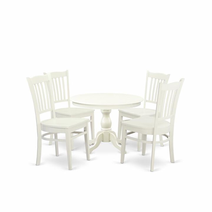 East West Furniture HBGR5-LWH-W 5 Piece Table and Chairs Dining Set - Linen White Wood Table and 4 Linen White Wooden Chairs with Slatted Back - Linen White Finish