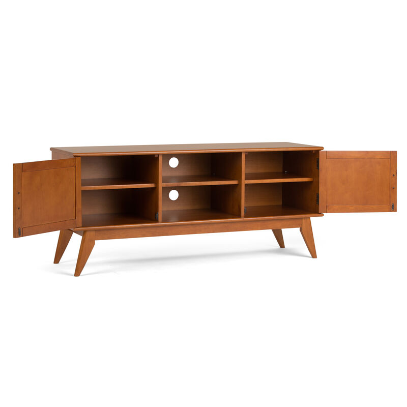 Draper SOLID HARDWOOD 60 inch Wide Mid Century Modern TV Media Stand in Teak Brown For TVs up to 65 inches