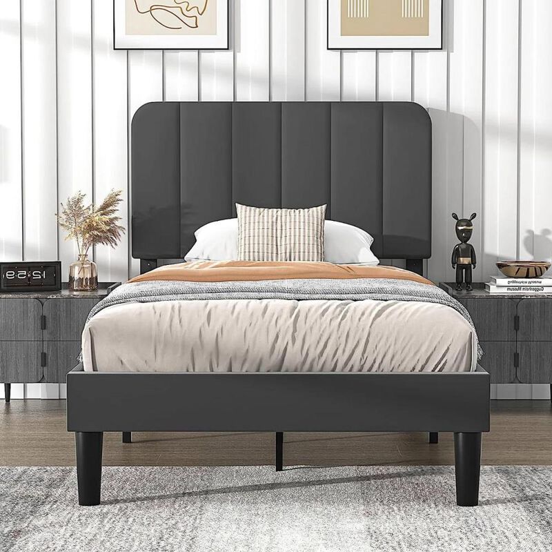 Hivvago Twin size Dark Grey Upholstered Platform Bed Frame with Headboard