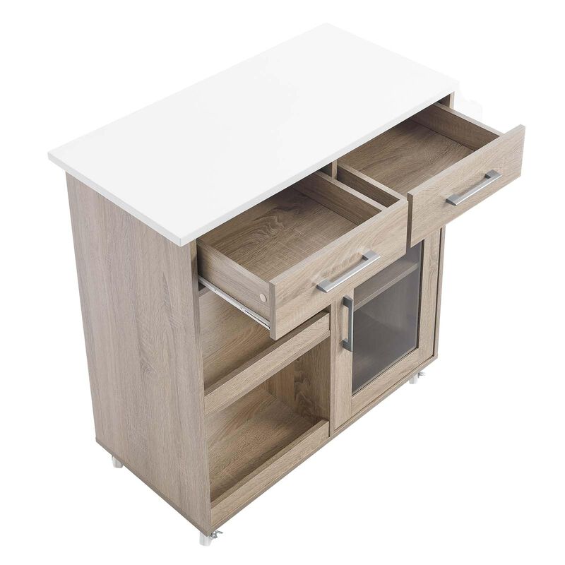 Modway Culinary Rolling Kitchen Cart with Storage in Oak White - 3 Tiers Kitchen Island on Wheels with Spice Rack, Functional as a Coffee Station, Bar Cabinet or Butcher Block Island image number 5