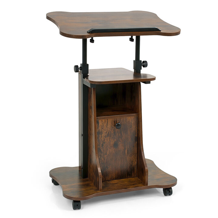 Mobile Standing Desk Cart with Adjustable Height, Tilt Desktop and Cabinet