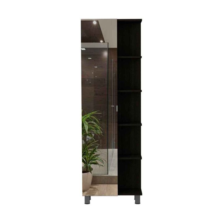 Portland 5-Shelf Linen Cabinet with Mirror Black Wengue