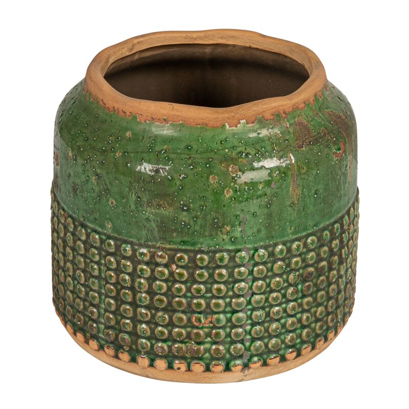 Round Terra-cotta Hobnail Planter Vase with Heavily Distressed Finish image number 0