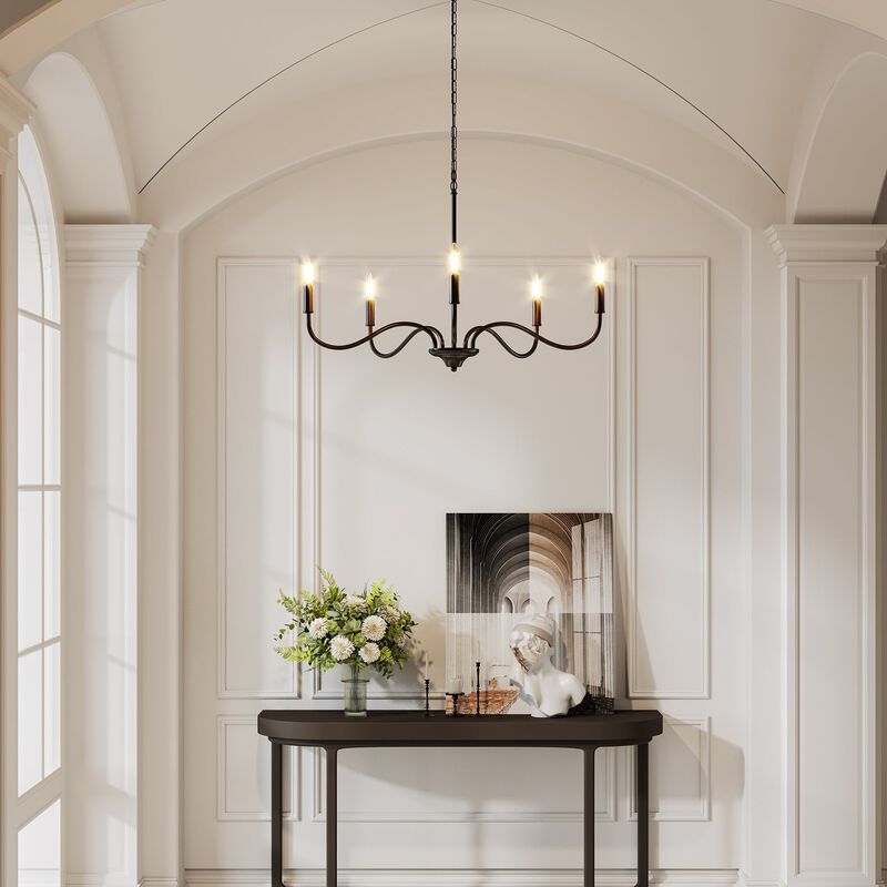 Matte Black Five-Light Modern Chandelier, Adjustable Rotating Arms image number 3