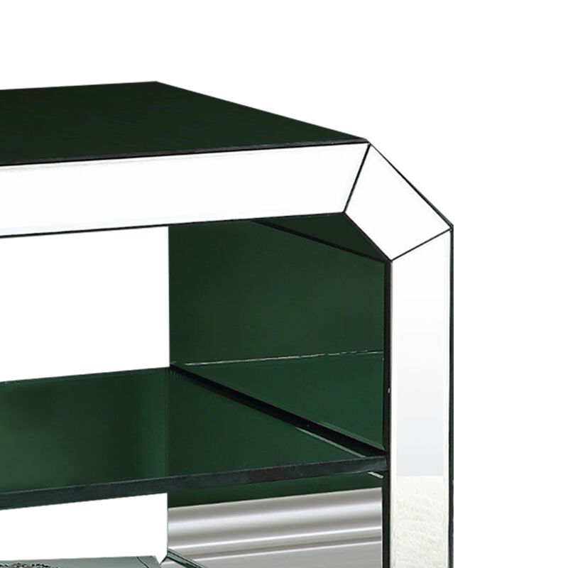 Accent Table with Mirrored Inserts and 1 Glass Shelf, Silver-Benzara
