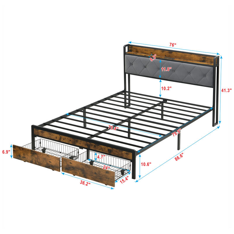 Merax  Metal Bed Frame with LED Lights, Storage & Charging Station image number 6
