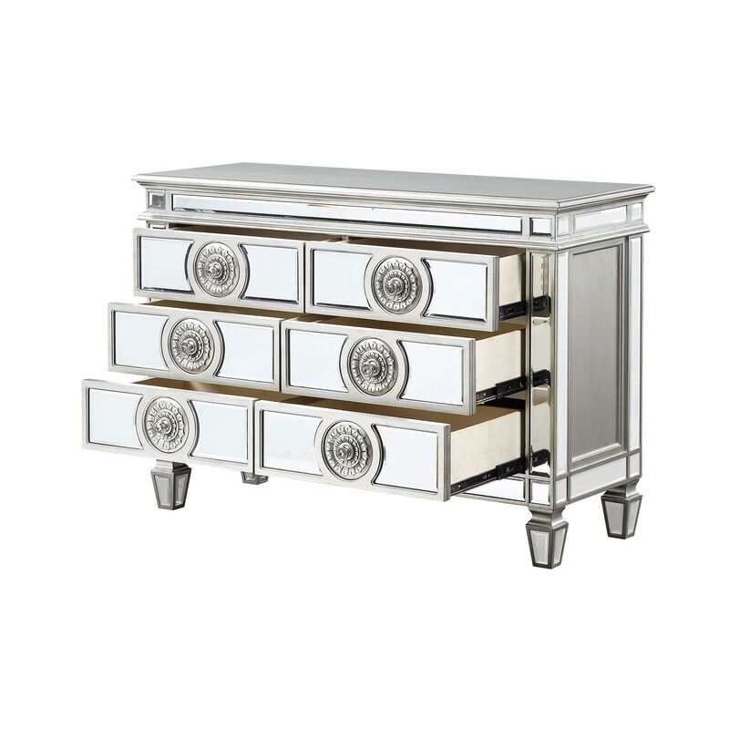 Server with 6 Mirrored Drawers and Medallion Front, Silver-Benzara