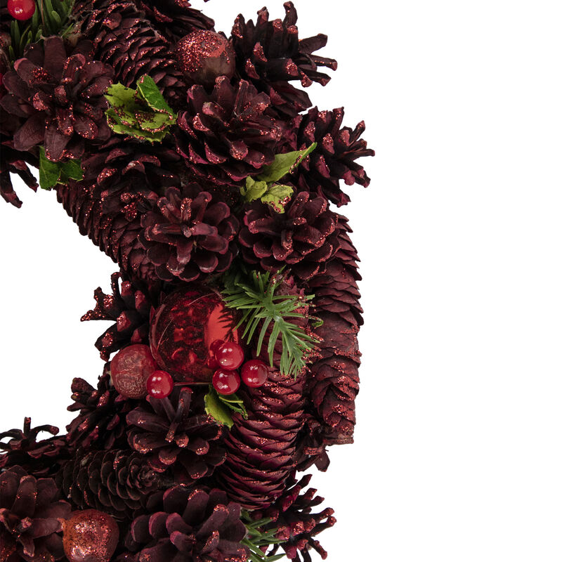 Red Pinecone  Berry and Ornament Christmas Wreath  13.5-Inch  Unlit image number 1