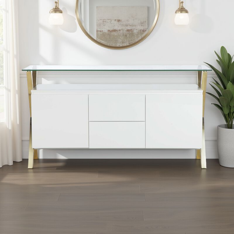 Tia Sideboard Buffet Console, 63 Inch Glass Top, White Lacquer, Gold - Benzara