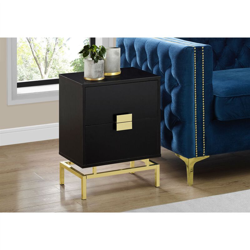 QuikFurn 24in Retro 2 Drawer NightStand End Table Cappuccino with Gold Metal Legs image number 2