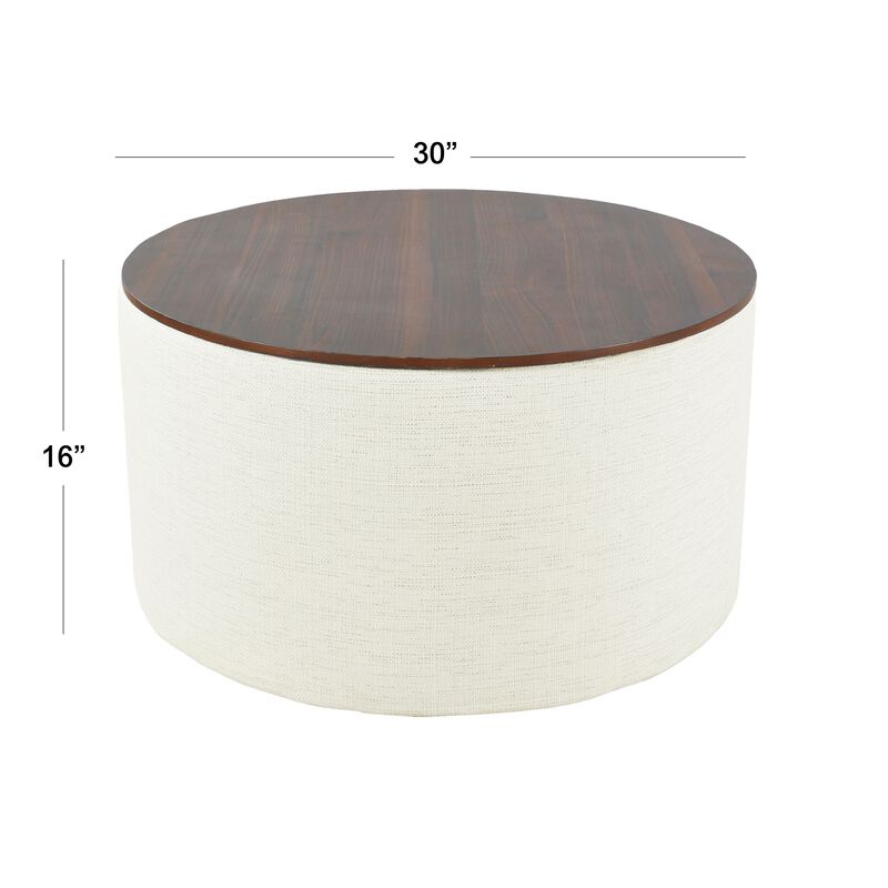 Mesy Storage Ottoman, 30 Inch Round Lift Tray Top, Ivory Woven Fabric