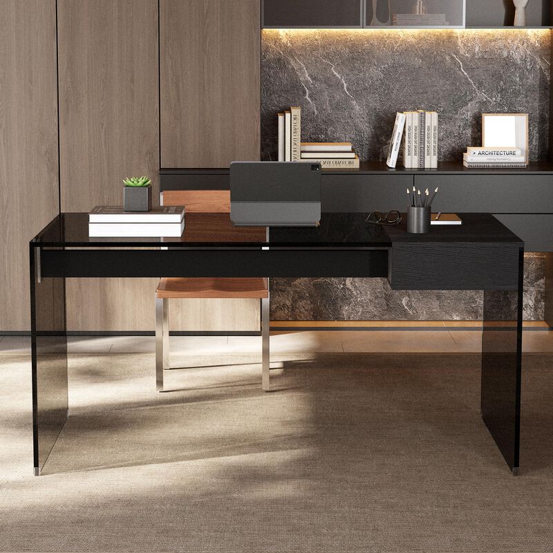 Dark Tempered Glass Writing Desk with Wooden Drawer 53.14"