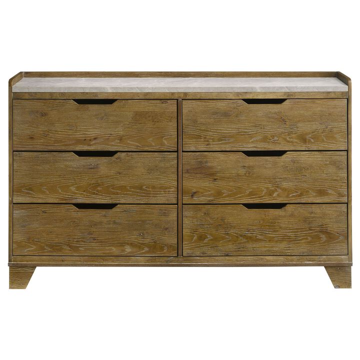 Nolan Wide Dresser with Faux Marble Top, 6 Drawers, Brown Wood