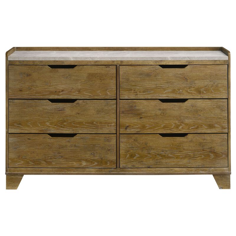 Nolan Wide Dresser with Faux Marble Top, 6 Drawers, Brown Wood image number 0