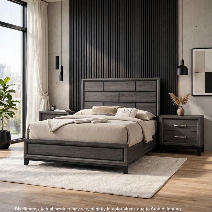 3pc King Bedroom Set, Gray, Black Wood, 2 Nightstands