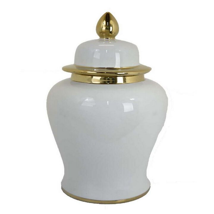 24 Inch Decorative Temple Jar with Gold Accents, Ceramic, White Finish - Benzara