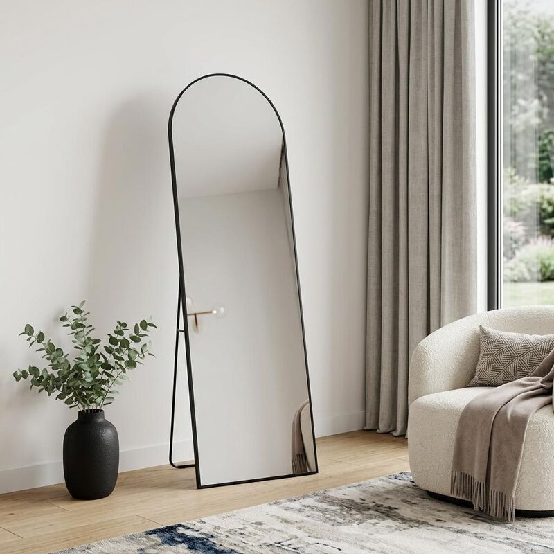 HomeRoots 63" Black Metal Arch Freestanding and Wall Mount Framed Full Length Mirror image number 1