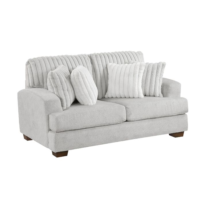 Witz Loveseat, 70 Inch, 4 Pillows, Ribbed Texture Light Gray Corduroy - Benzara