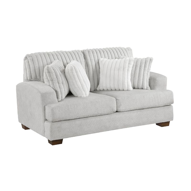 Witz Loveseat, 70 Inch, 4 Pillows, Ribbed Texture Light Gray Corduroy - Benzara