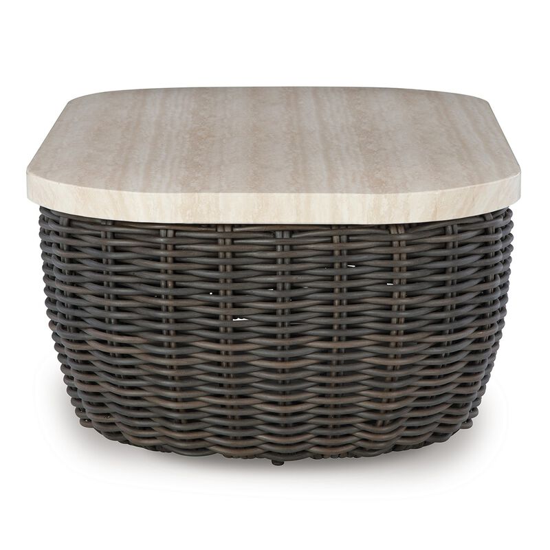 Kimo Outdoor Cocktail Coffee Table, Brown Wicker Details, 50 Inch - Benzara