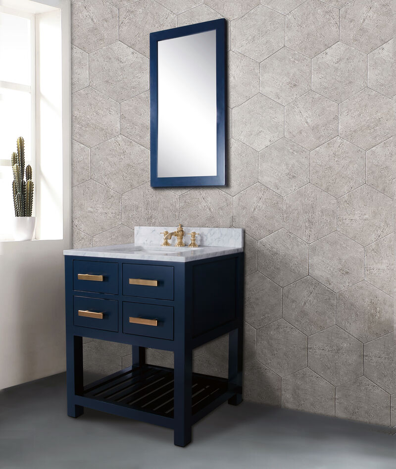 Madalyn 30 In. Single Sink Carrara White Marble Countertop Bath Vanity in Monarch Blue