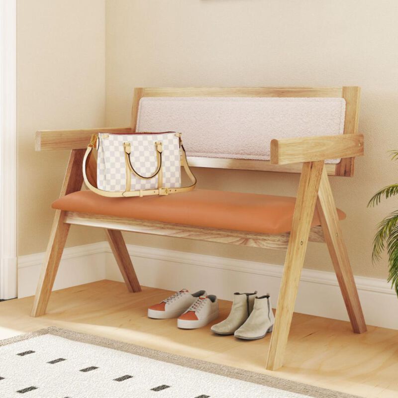 Hivvago Rubber Wood Dining Bench with Armrest Sherpa Upholstered Backrest and Soft-padded Seat