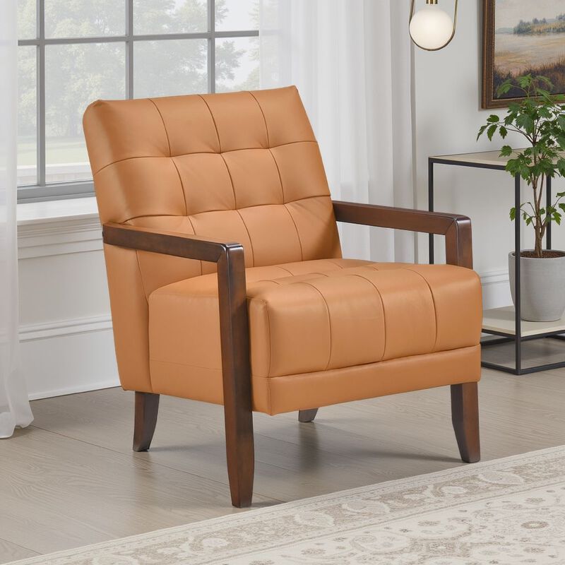 Lenie Accent Armchair, Button Tufted Orange Leather, Walnut Brown