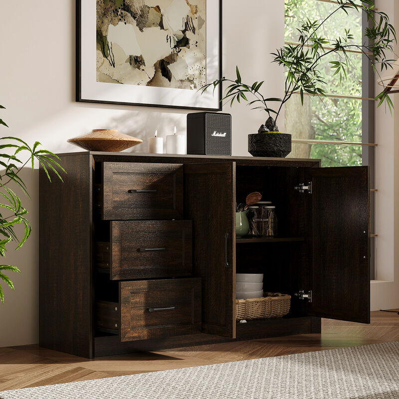 FUFU&GAGA 2-Door 3-Drawer Storage Cabinet with Black Metal Handles, Rich Wood Grain Finish (47.2"W x 15.7"D x 30.7"H), Dark Brown