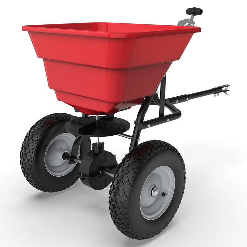 FUFU&GAGA 80lb Tow-Behind Spreader &ndash; Durable Red Frame, Rubber Pneumatic Tires, Adjustable Feed Control, (22.8" L x 16.1" W x 30.3" H), red image number 0