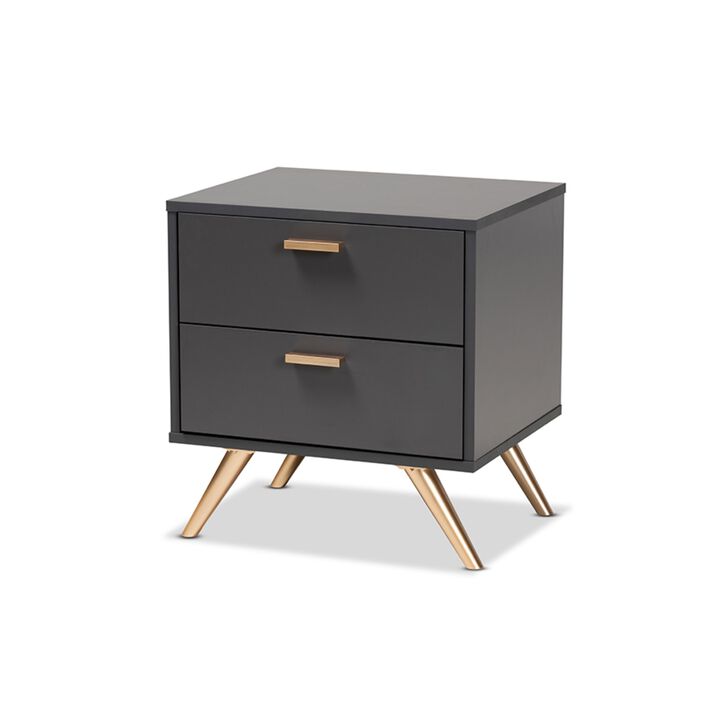 Baxton Studio Kelson Dark Grey and Gold Finished Wood 2-Drawer Nightstand