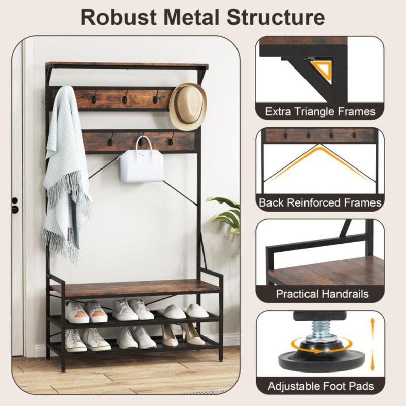 Hivvago Coat Rack 4-In-1 Hall Tree with 11 Hanging Hooks Shoe Bench